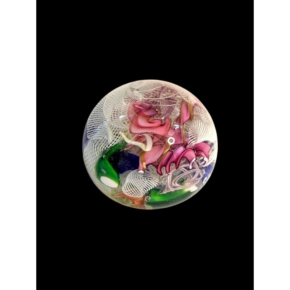 Vintage Art Glass Paperweight vibrant Scramble ribbon 2" x 2.5"
